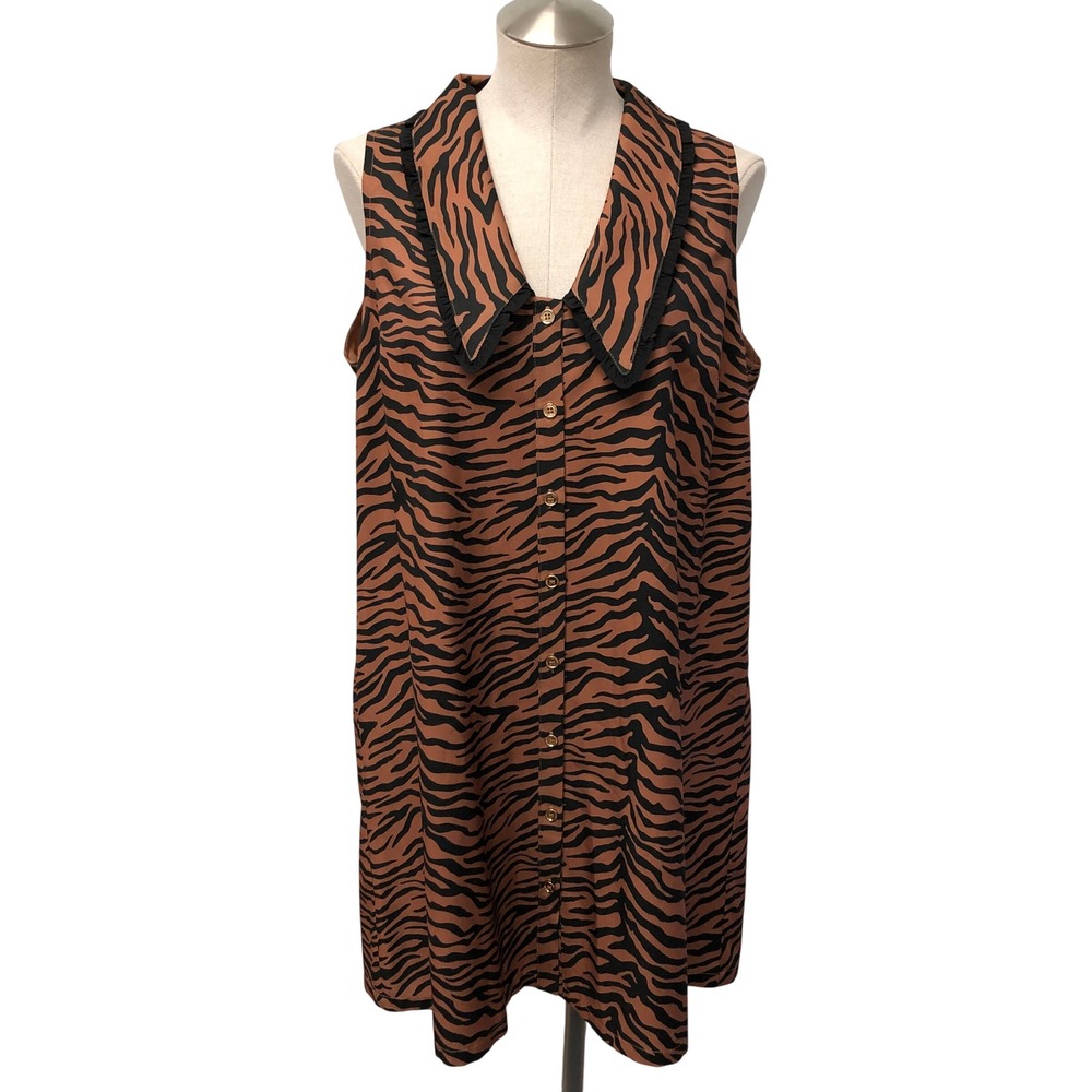SSYS The Label Zebra Print Dress Womens Large Brown Black Ruffle Collar Shift
